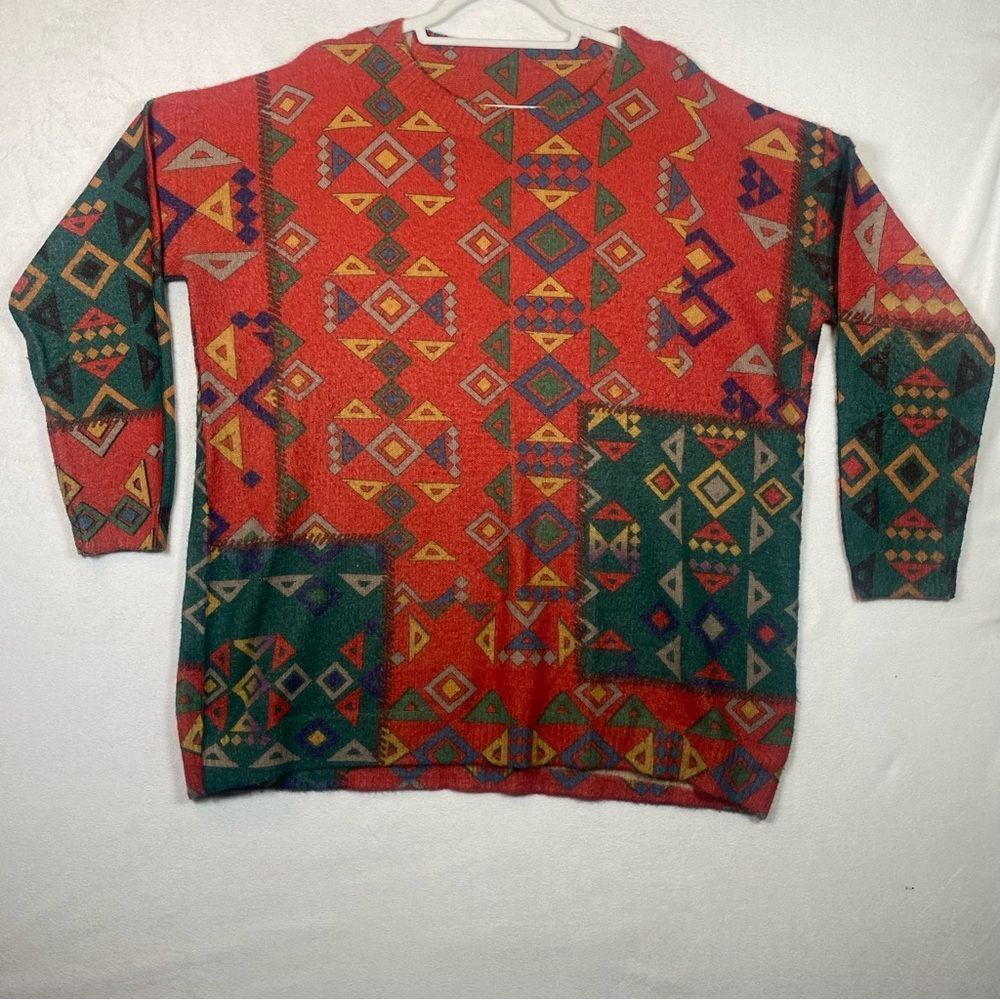 Vintage Style 80s-90s Wool Blend Vibrant Colored Geo Design Knit Sweater Size XL